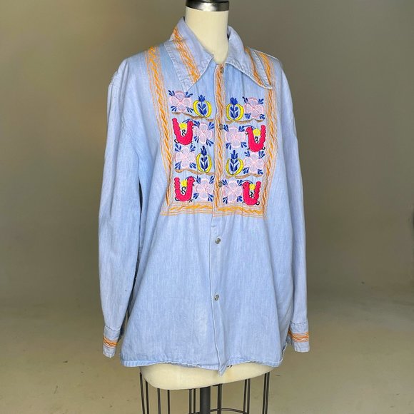 Vintage 70s La Fiesta Boho Hippie Embroidered Birds & Flowers Collared Shirt - Picture 13 of 14
